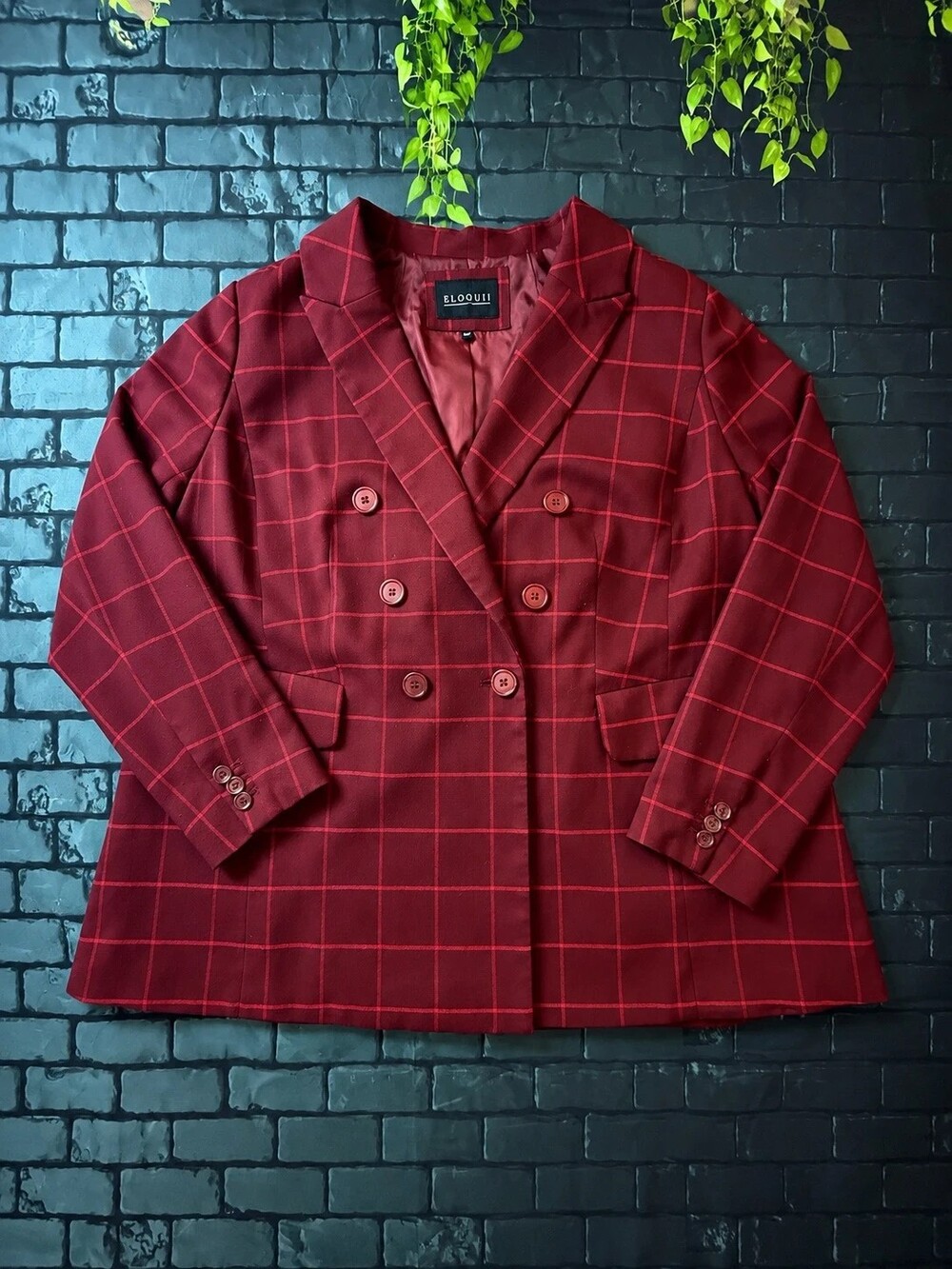 Eloquii Size 22 Burgundy Windowpane Plaid Double Breasted Blazer